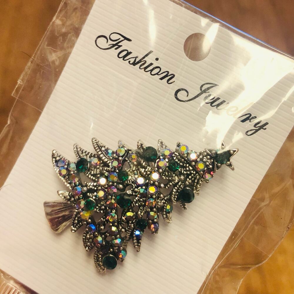 4 for $20 Fashion Jewelry Silver Green Christmas Holiday Tree Rhinestone Brooch